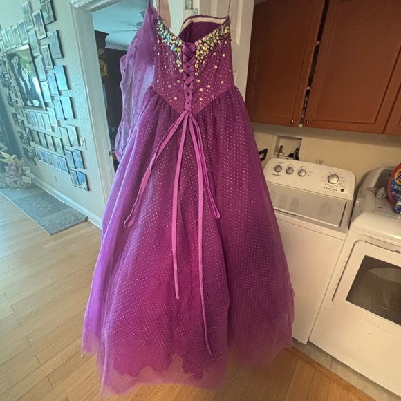 Allure Bridals Purple Sequin Tulle Ball Gown with Puffy Sleeves - Picture 5 of 17